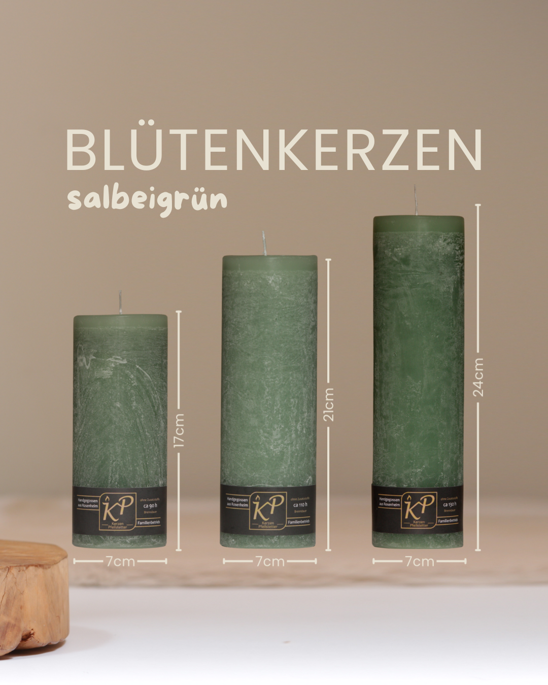 Blütenkerzen in salbeigrün in drei Größen mit Angaben zu Höhe und Durchmesser.