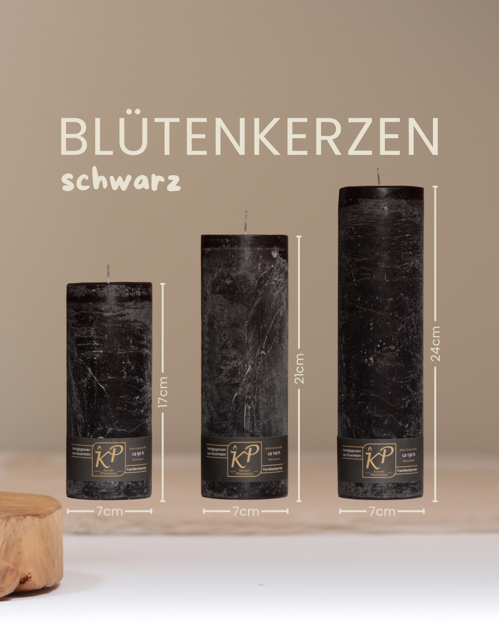 Blütenkerzen in schwarz in drei Größen mit Angaben zu Höhe und Durchmesser.