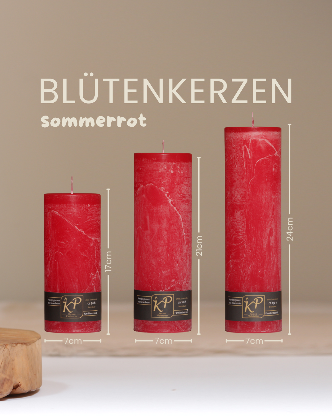 Blütenkerzen in sommerrot in drei Größen mit Angaben zu Höhe und Durchmesser.