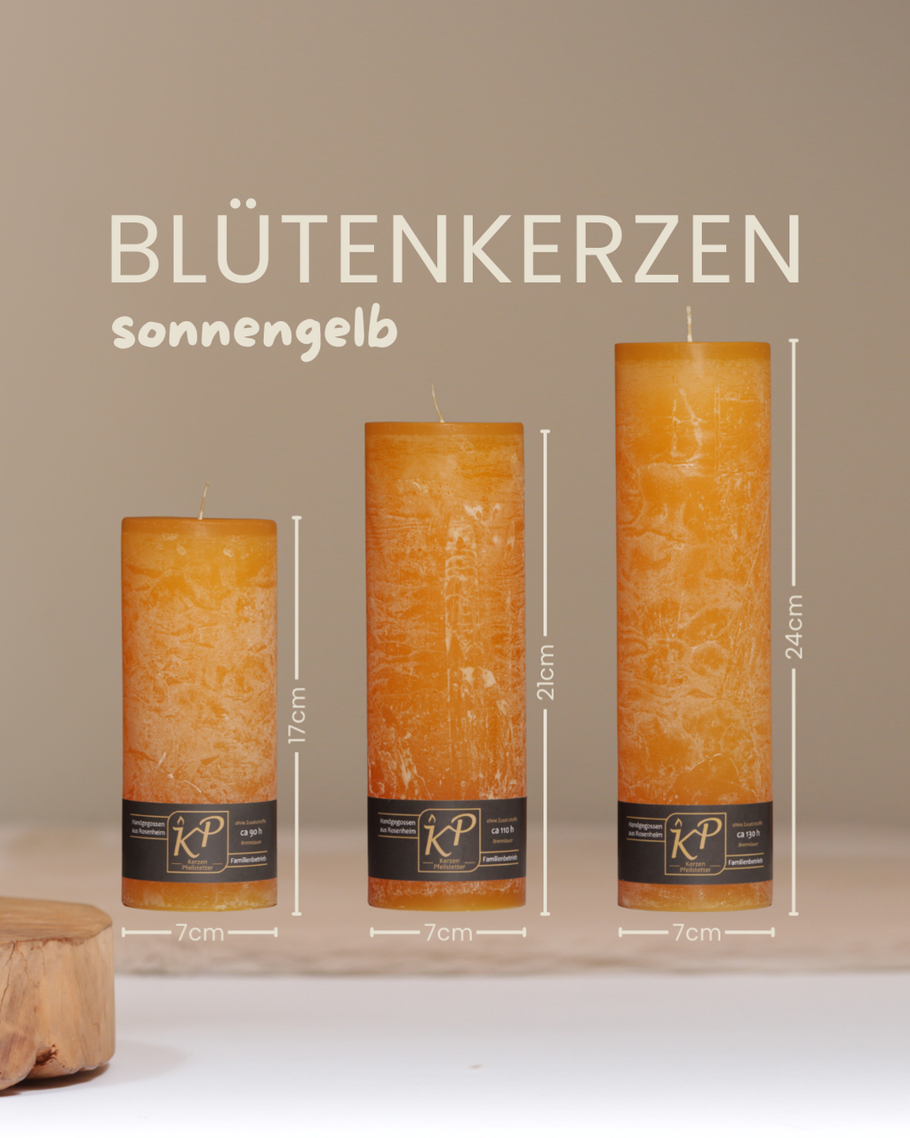 Blütenkerzen in sonnengelb in drei Größen mit Angaben zu Höhe und Durchmesser.
