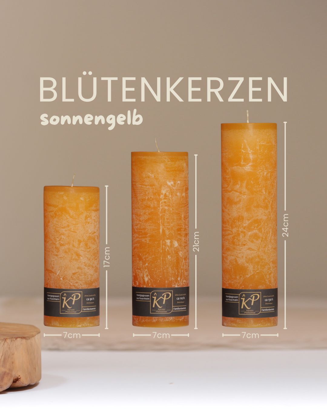 Blütenkerzen in sonnengelb in drei Größen mit Angaben zu Höhe und Durchmesser.