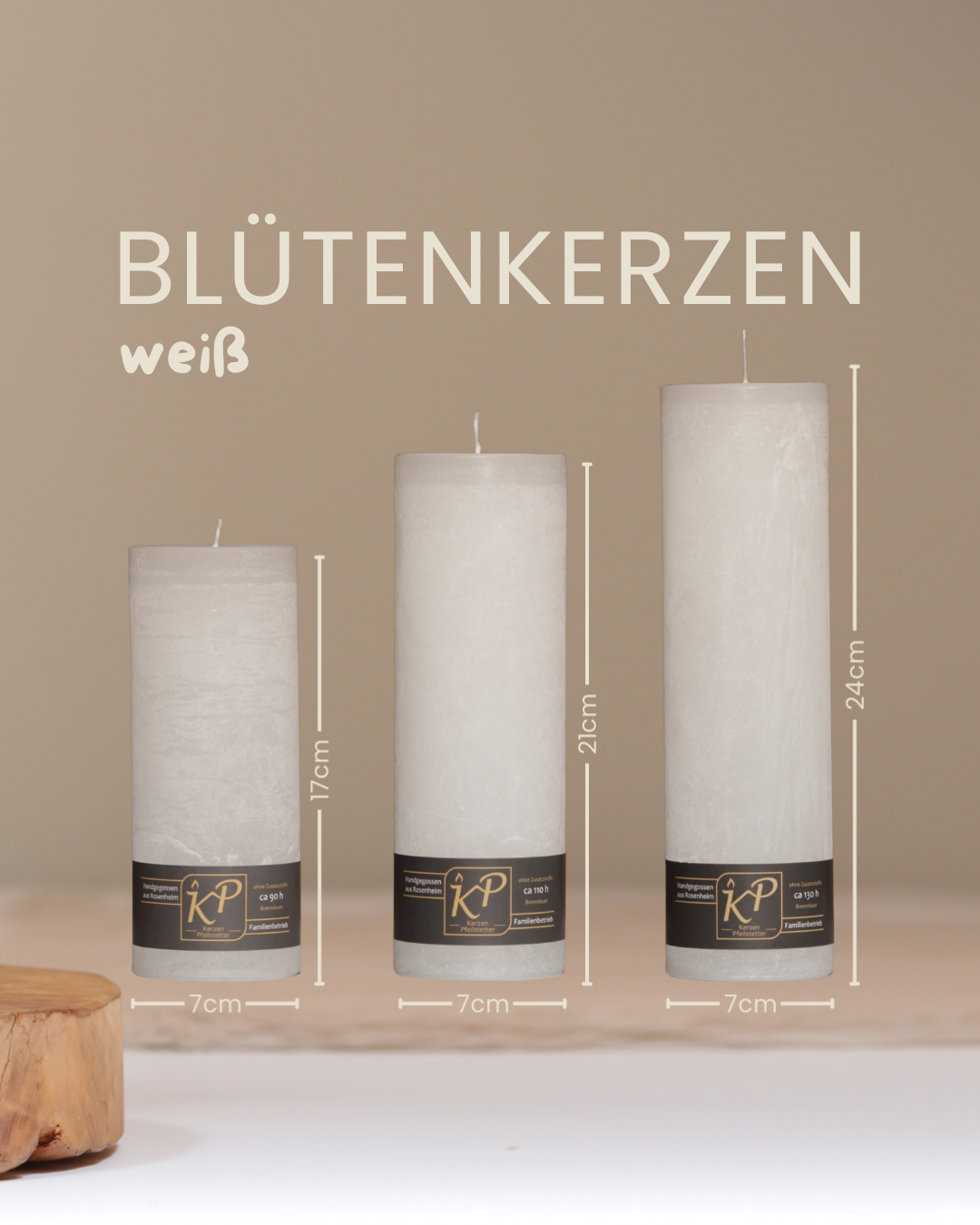 Blütenkerzen in weiß in drei Größen mit Angaben zu Höhe und Durchmesser.