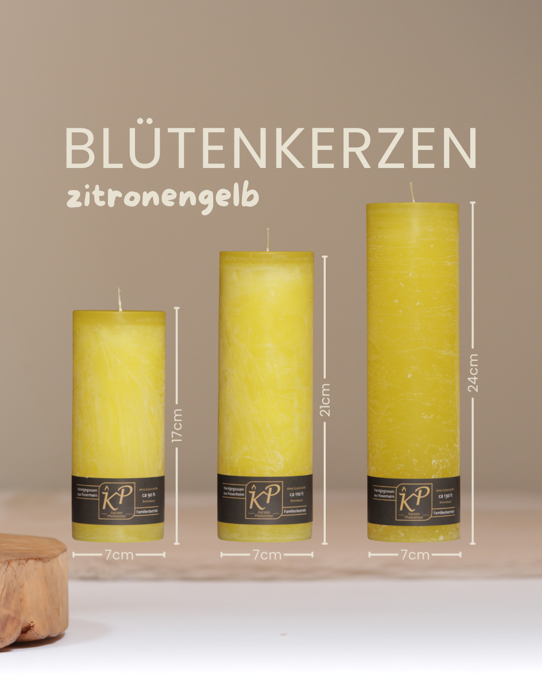 Blütenkerzen in zitronengelb in drei Größen mit Angaben zu Höhe und Durchmesser.