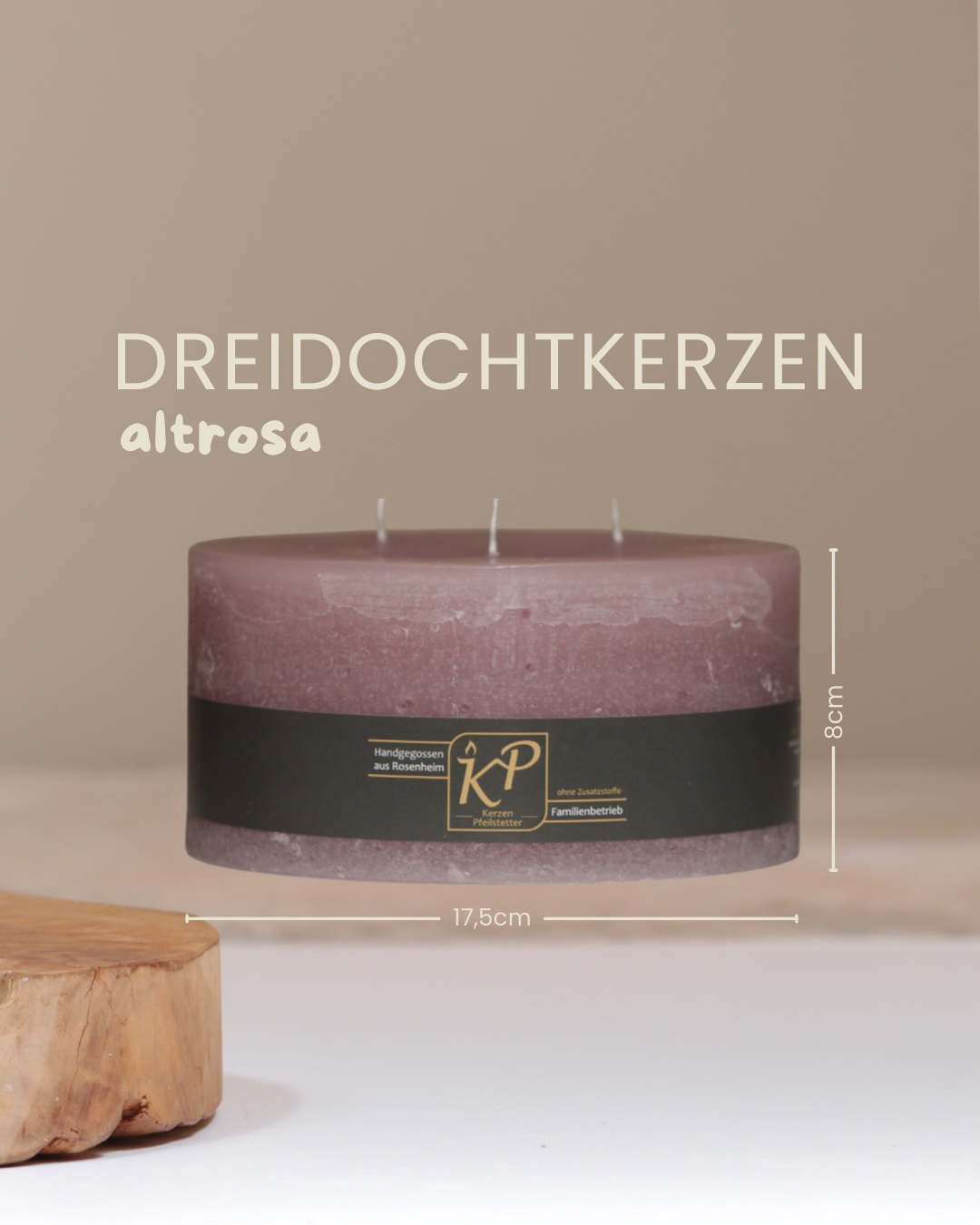 Dreidochtkerze in altrosa mit Angaben zu Höhe und Durchmesser.