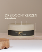 Dreidochtkerze in elfenbein mit Angaben zu Höhe und Durchmesser.