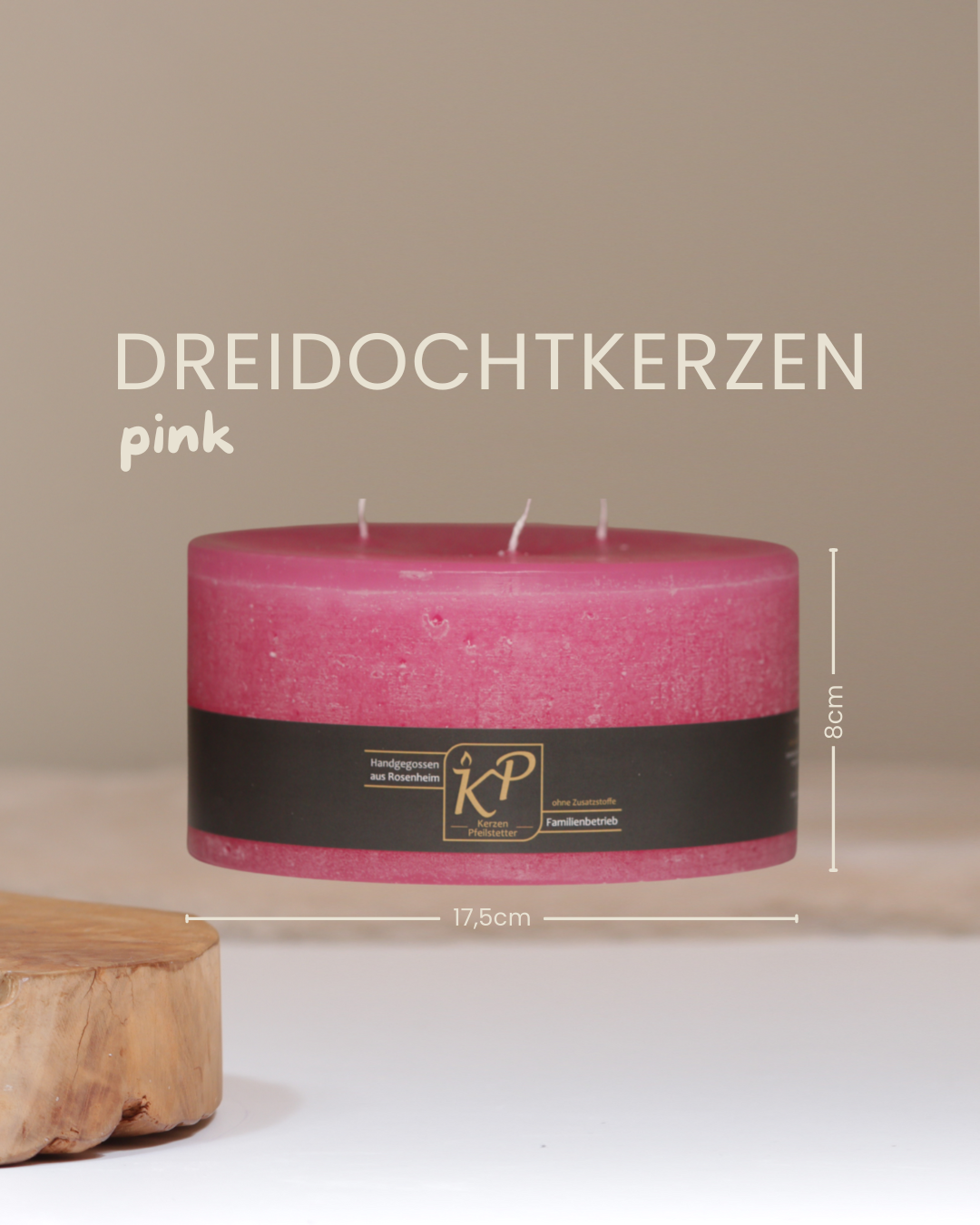 Dreidochtkerze in pink mit Angaben zu Höhe und Durchmesser.