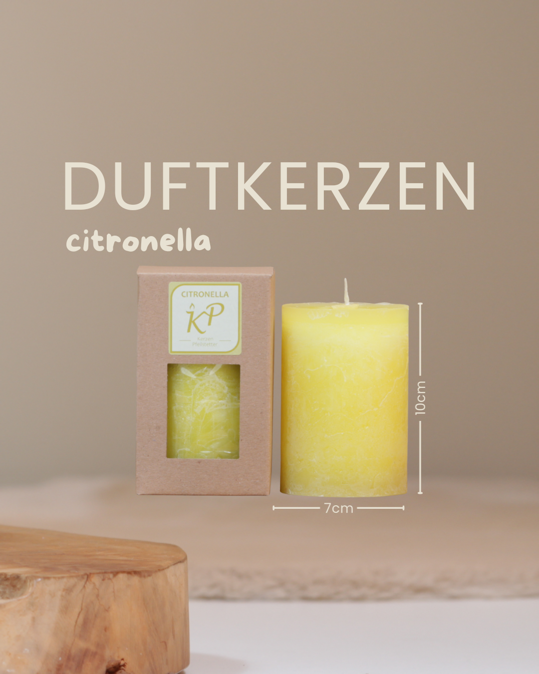 Duftkerze citronella in der Farbe zitronengelb mit Angaben zu Höhe und Durchmesser.