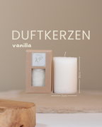 Duftkerze vanilla in der Farbe elfenbein mit Angaben zu Höhe und Durchmesser.