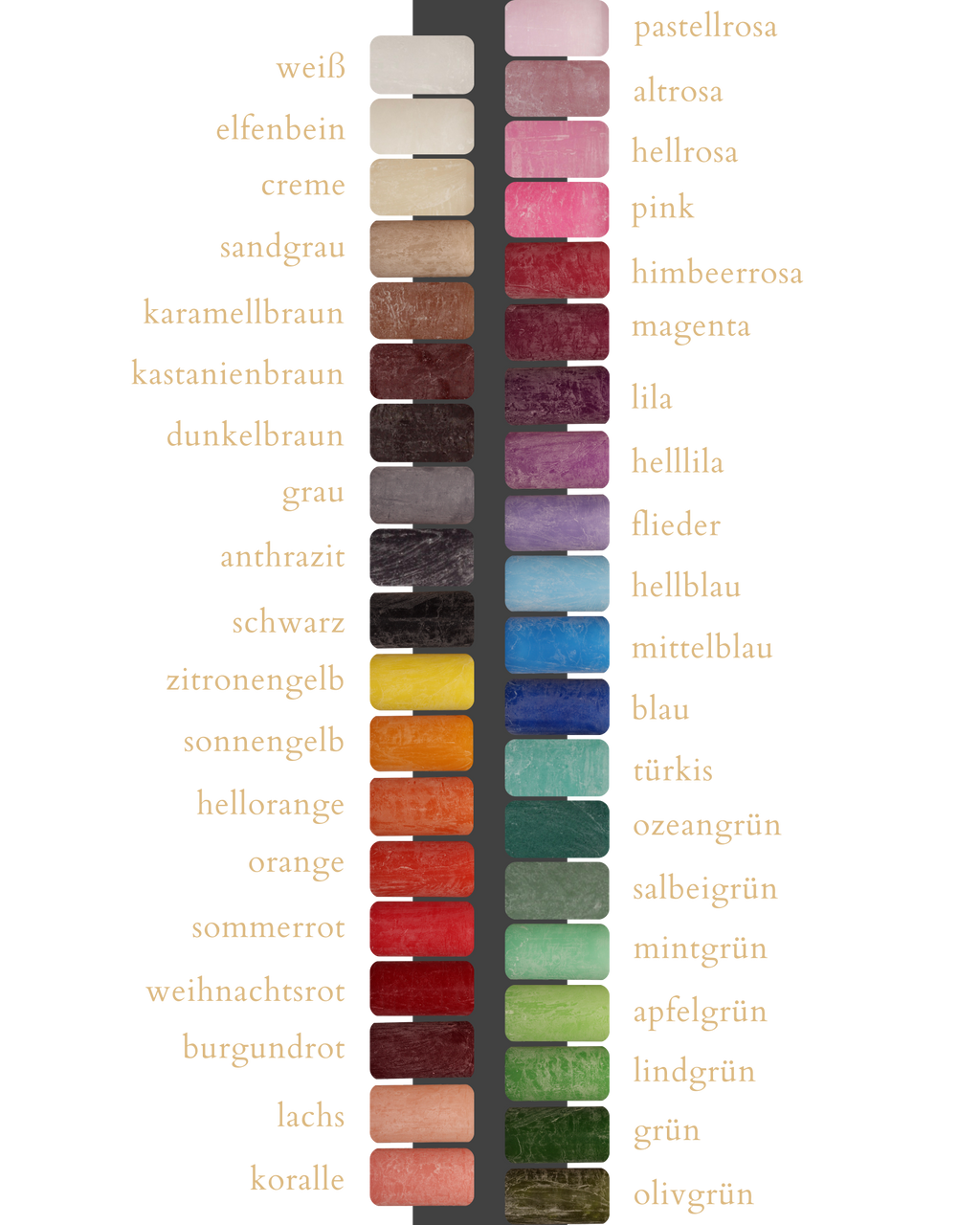 Farbpalette mit 39 verschiedenen Farben handgegossener Kerzen.