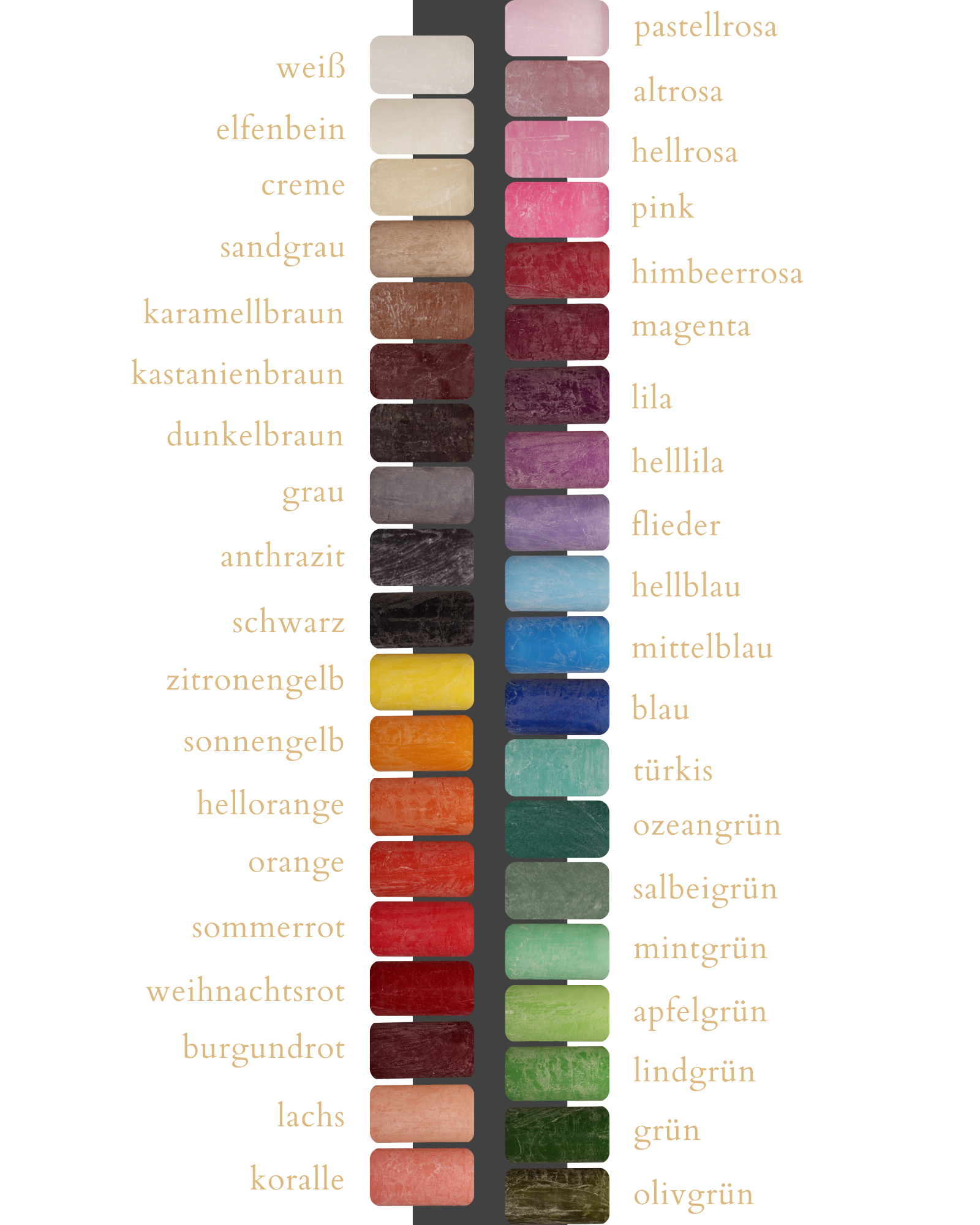 Farbpalette mit 39 verschiedenen Farben handgegossener Kerzen.