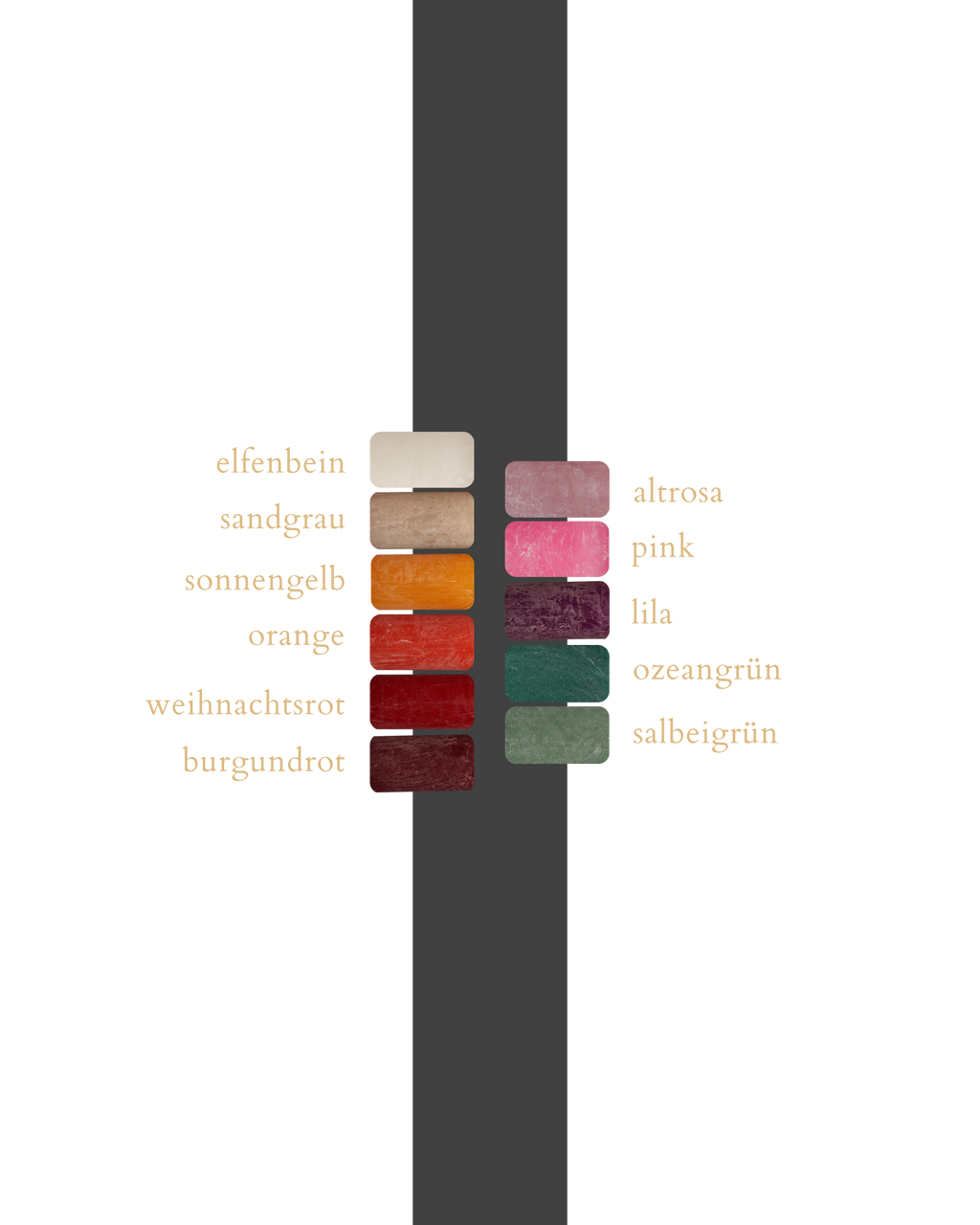 Farbpalette mit 11 verschiedenen Farben handgegossener Dreidochtkerzen.