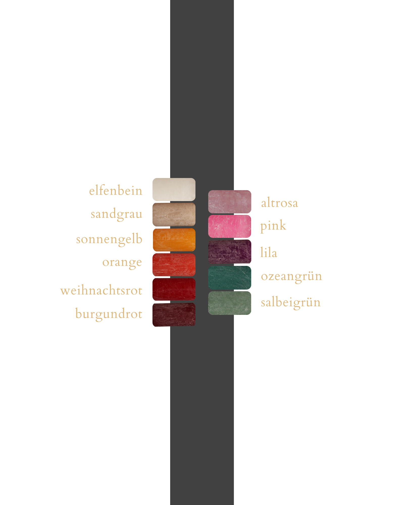 Farbpalette mit 11 verschiedenen Farben handgegossener Dreidochtkerzen.
