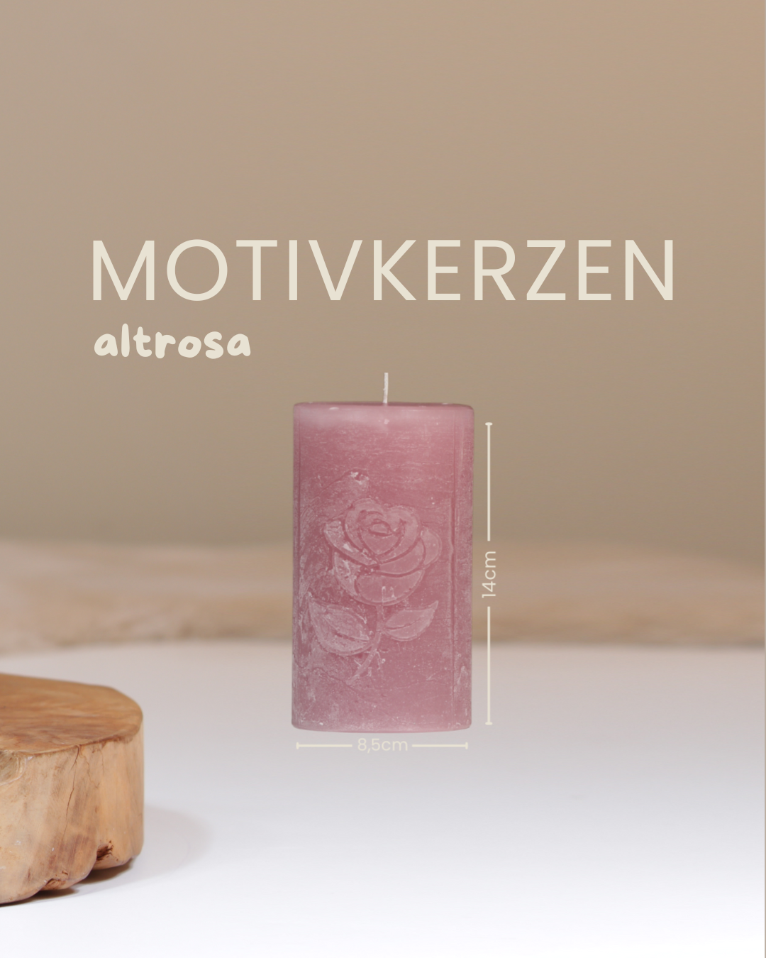 Kerze mit Rose-Motiv in altrosa mit Angaben zu Höhe und Durchmesser.