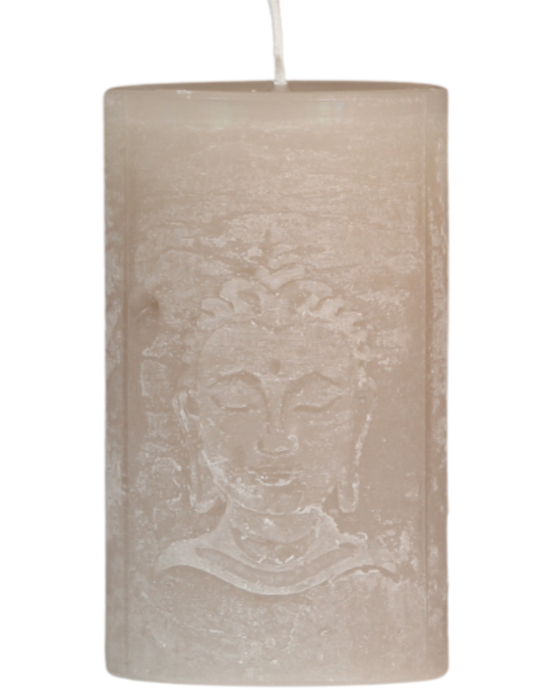 Buddha Motivkerze in sandgrau.