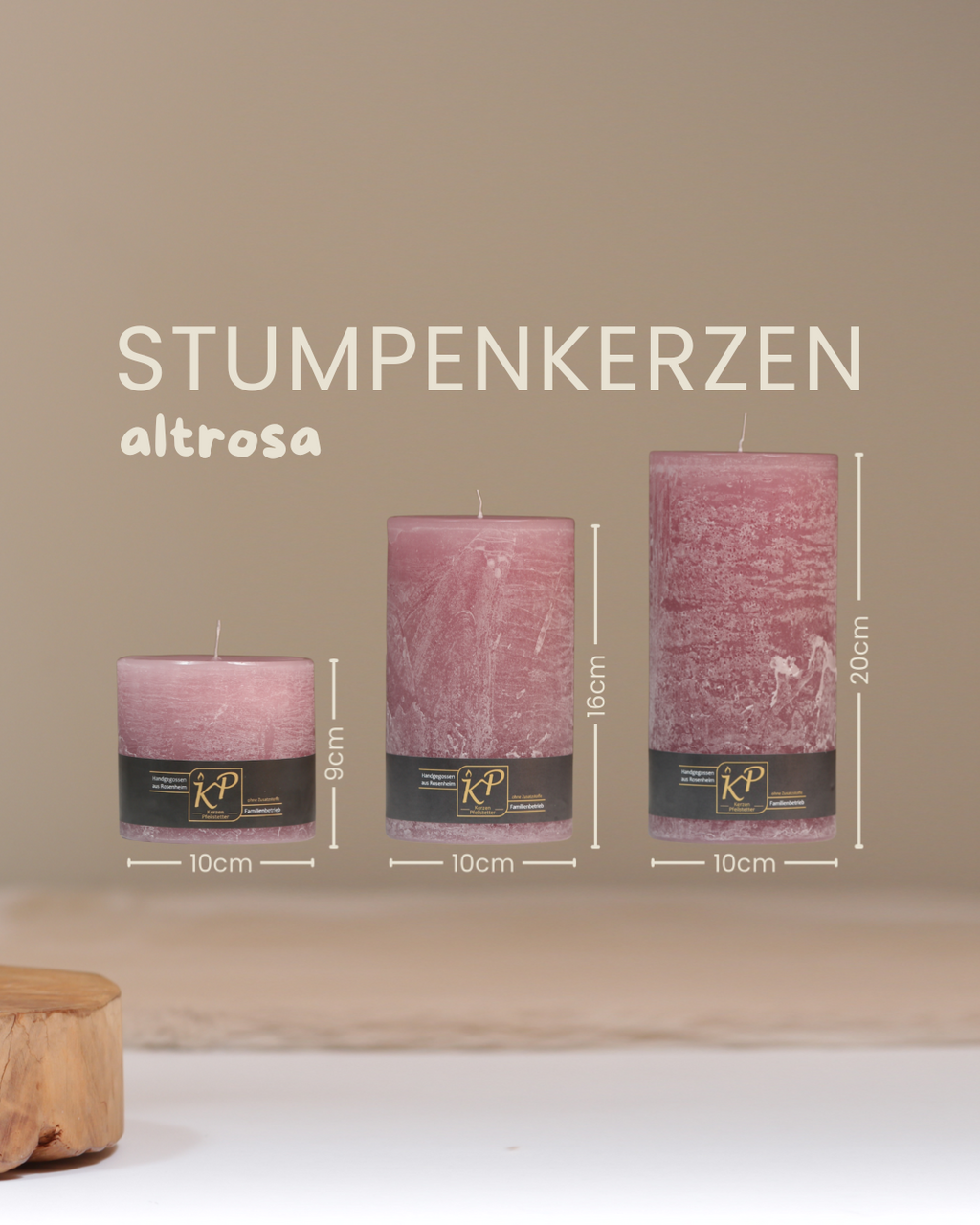 Stumpenkerzen in altrosa in drei Größen mit Angaben zu Höhe und Durchmesser.