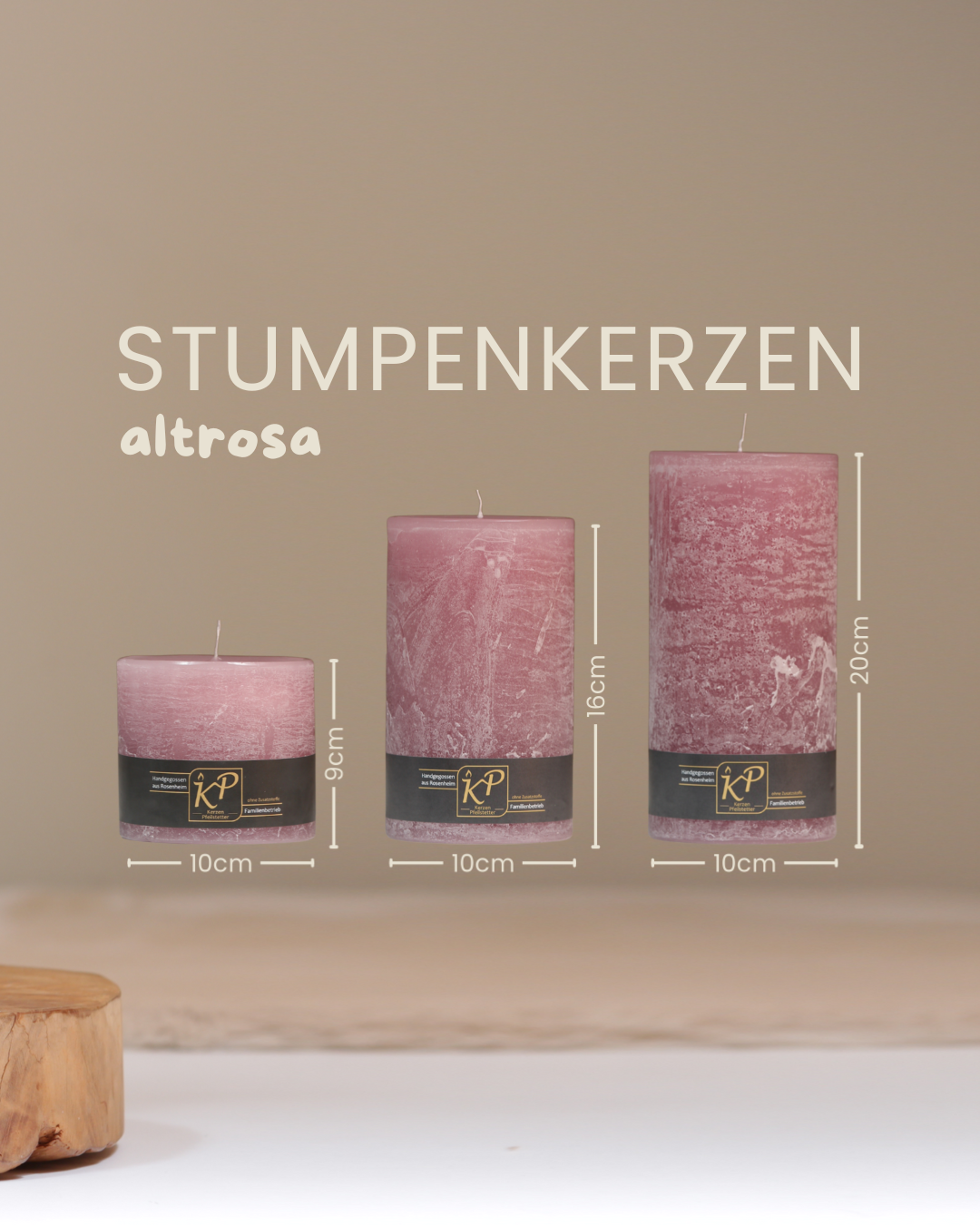 Stumpenkerzen in altrosa in drei Größen mit Angaben zu Höhe und Durchmesser.