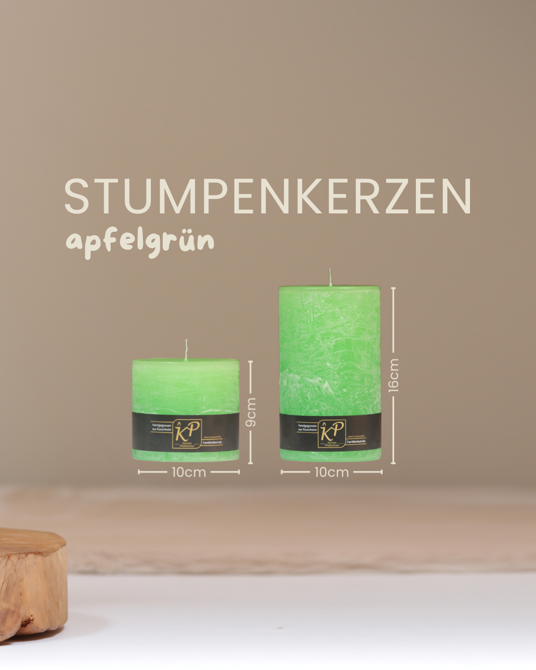 Stumpenkerzen in apfelgrün in zwei Größen mit Angaben zu Höhe und Durchmesser.