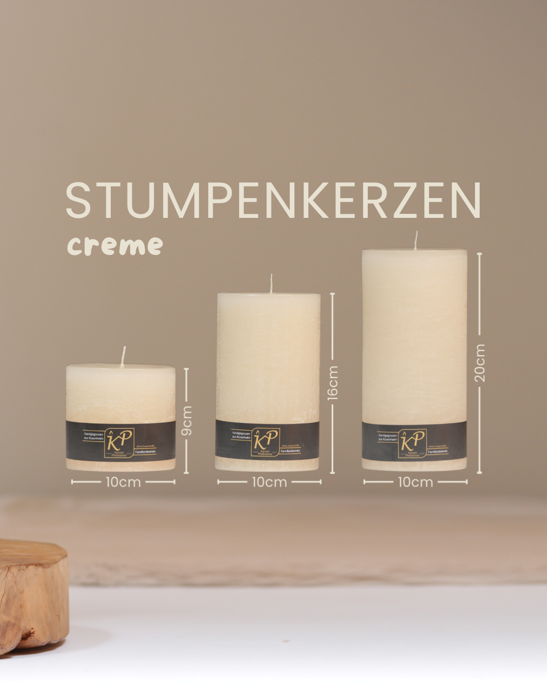 Stumpenkerzen in creme in drei Größen mit Angaben zu Höhe und Durchmesser.