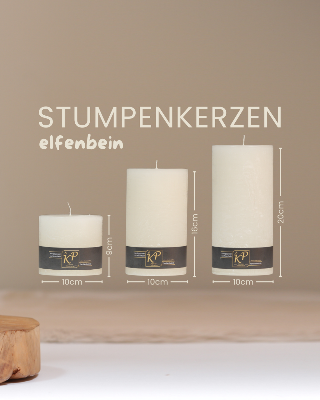 Stumpenkerzen in elfenbein in drei Größen mit Angaben zu Höhe und Durchmesser.