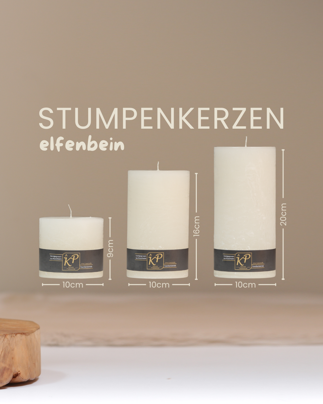 Stumpenkerzen in elfenbein in drei Größen mit Angaben zu Höhe und Durchmesser.