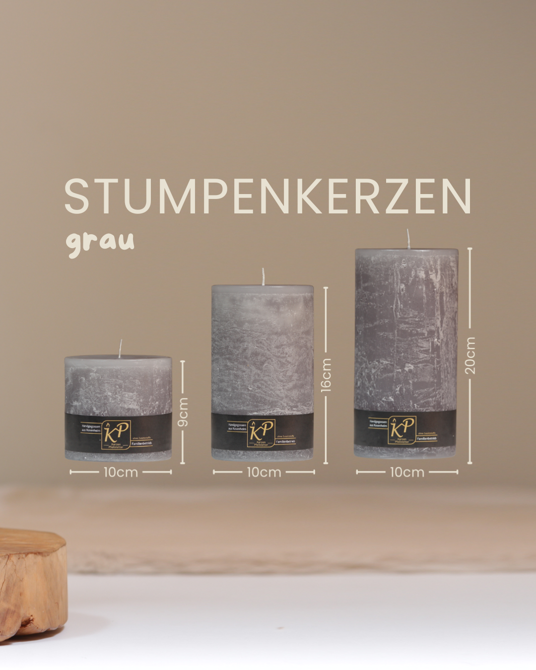 Stumpenkerzen in grau in drei Größen mit Angaben zu Höhe und Durchmesser.