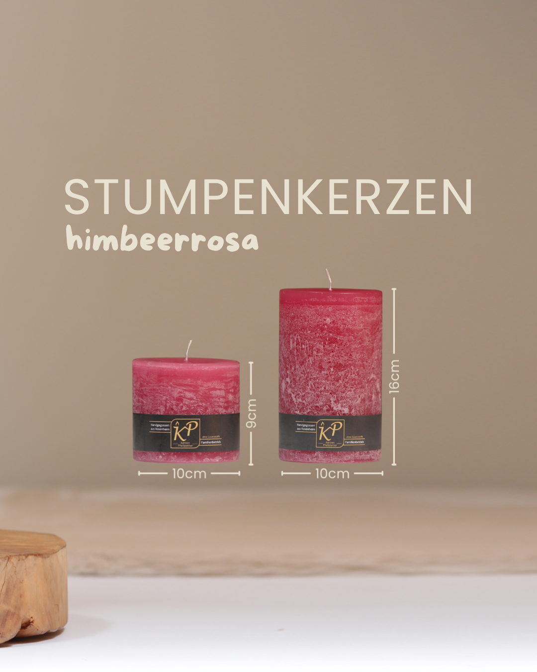 Stumpenkerzen in himbeerrosa in zwei Größen mit Angaben zu Höhe und Durchmesser.