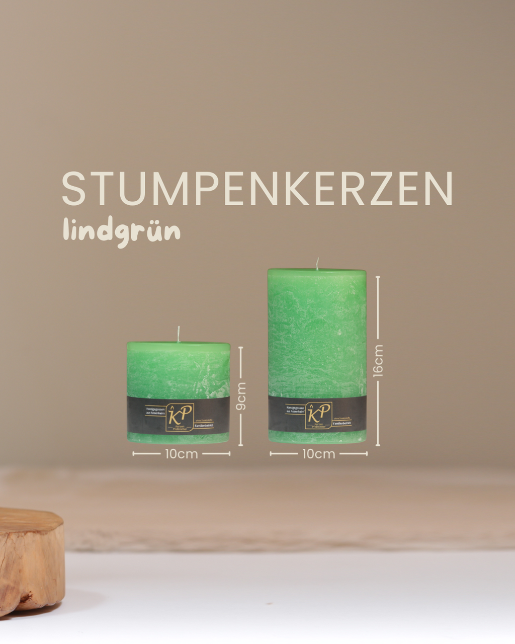 Stumpenkerzen in lindgrün in zwei Größen mit Angaben zu Höhe und Durchmesser.