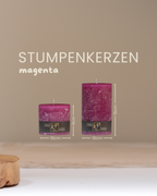 Stumpenkerzen in magenta in zwei Größen mit Angaben zu Höhe und Durchmesser.