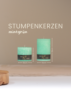 Stumpenkerzen in mintgrün in zwei Größen mit Angaben zu Höhe und Durchmesser.