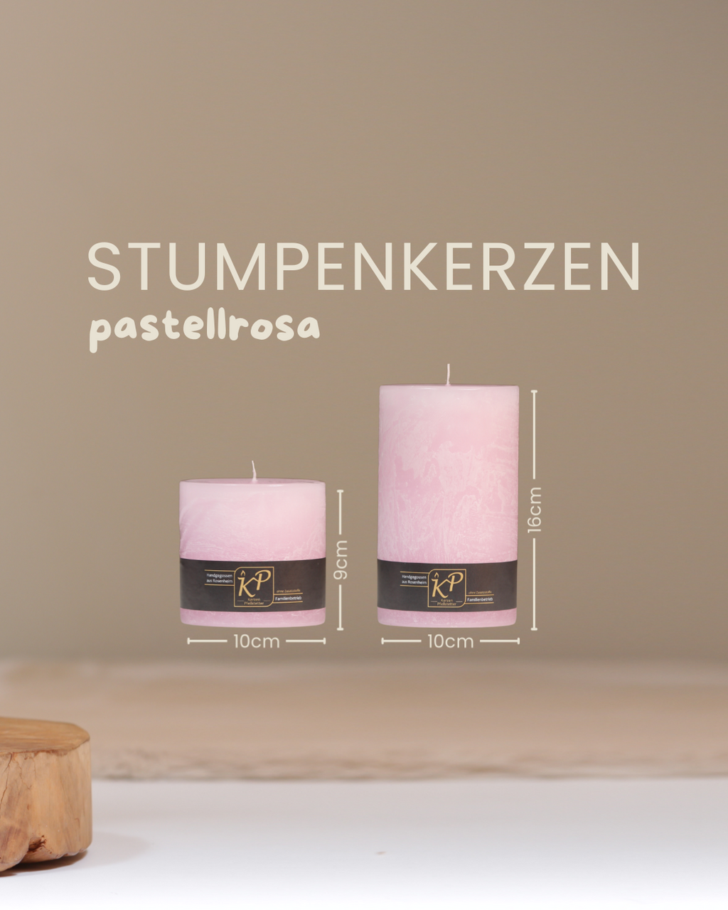 Stumpenkerzen in pastellrosa in zwei Größen mit Angaben zu Höhe und Durchmesser.