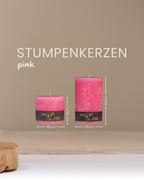 Stumpenkerzen in pink in zwei Größen mit Angaben zu Höhe und Durchmesser.