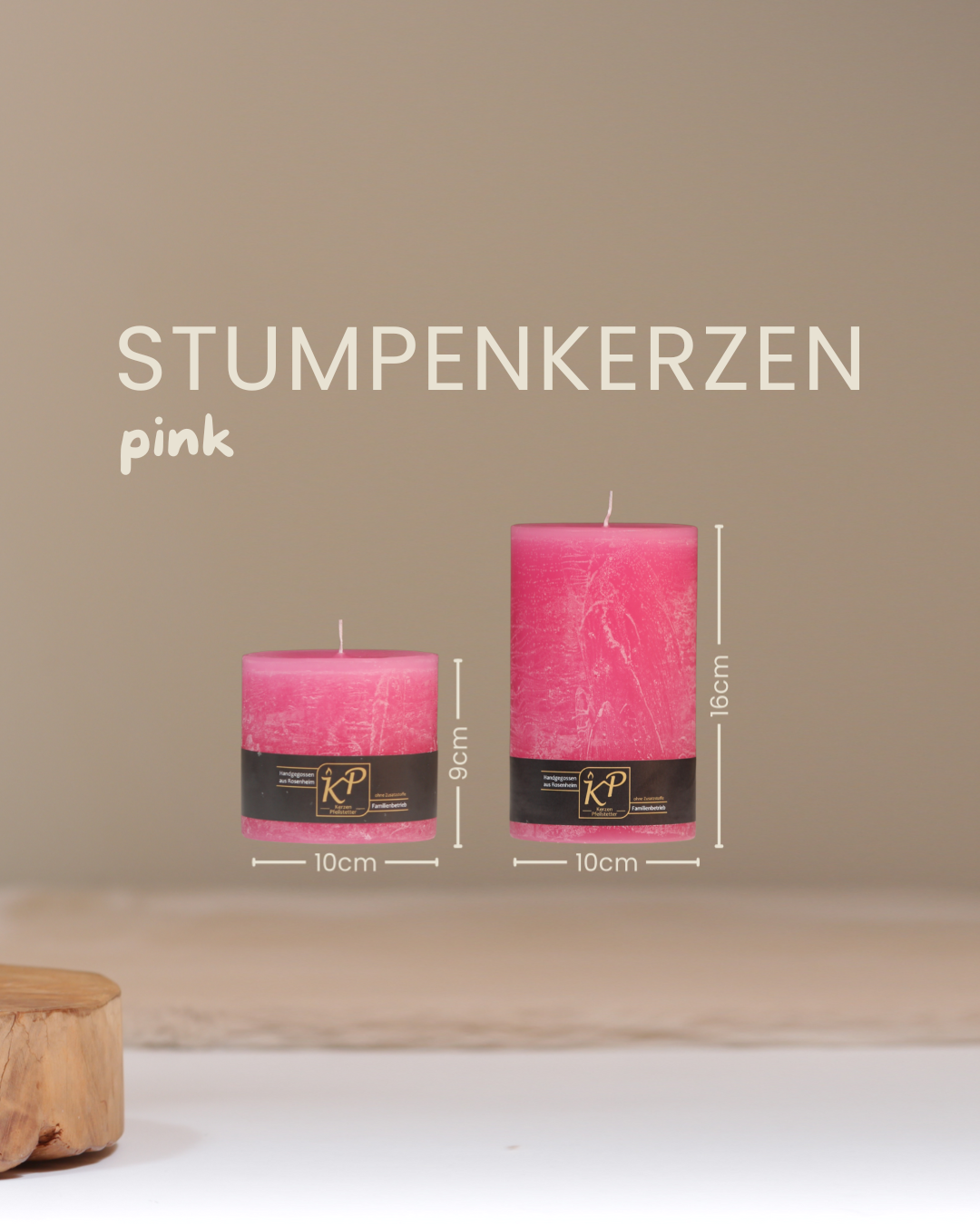 Stumpenkerzen in pink in zwei Größen mit Angaben zu Höhe und Durchmesser.