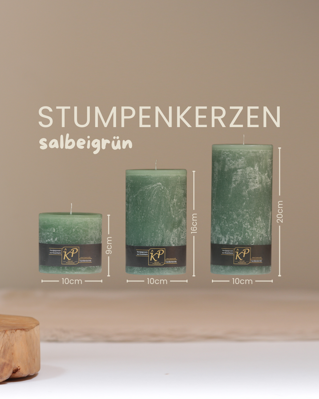 Stumpenkerzen in salbeigrün in drei Größen mit Angaben zu Höhe und Durchmesser.