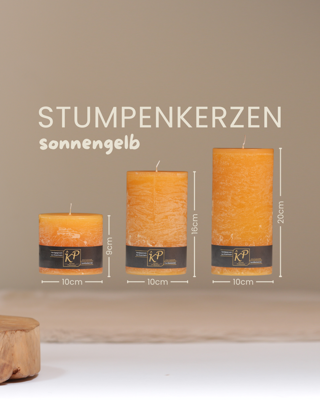 Stumpenkerzen in sonnengelb in drei Größen mit Angaben zu Höhe und Durchmesser.