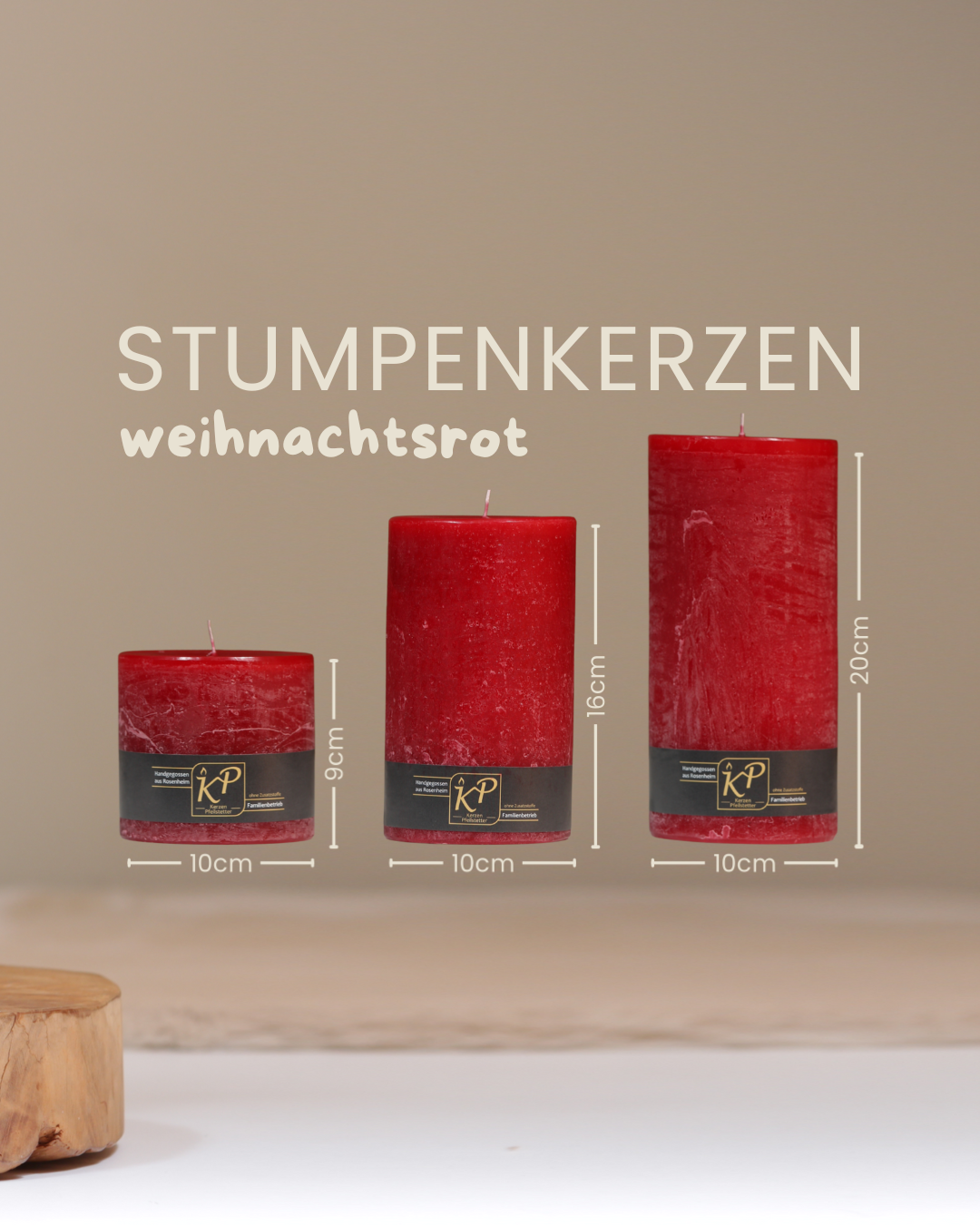 Stumpenkerzen in weihnachtsrot in drei Größen mit Angaben zu Höhe und Durchmesser.