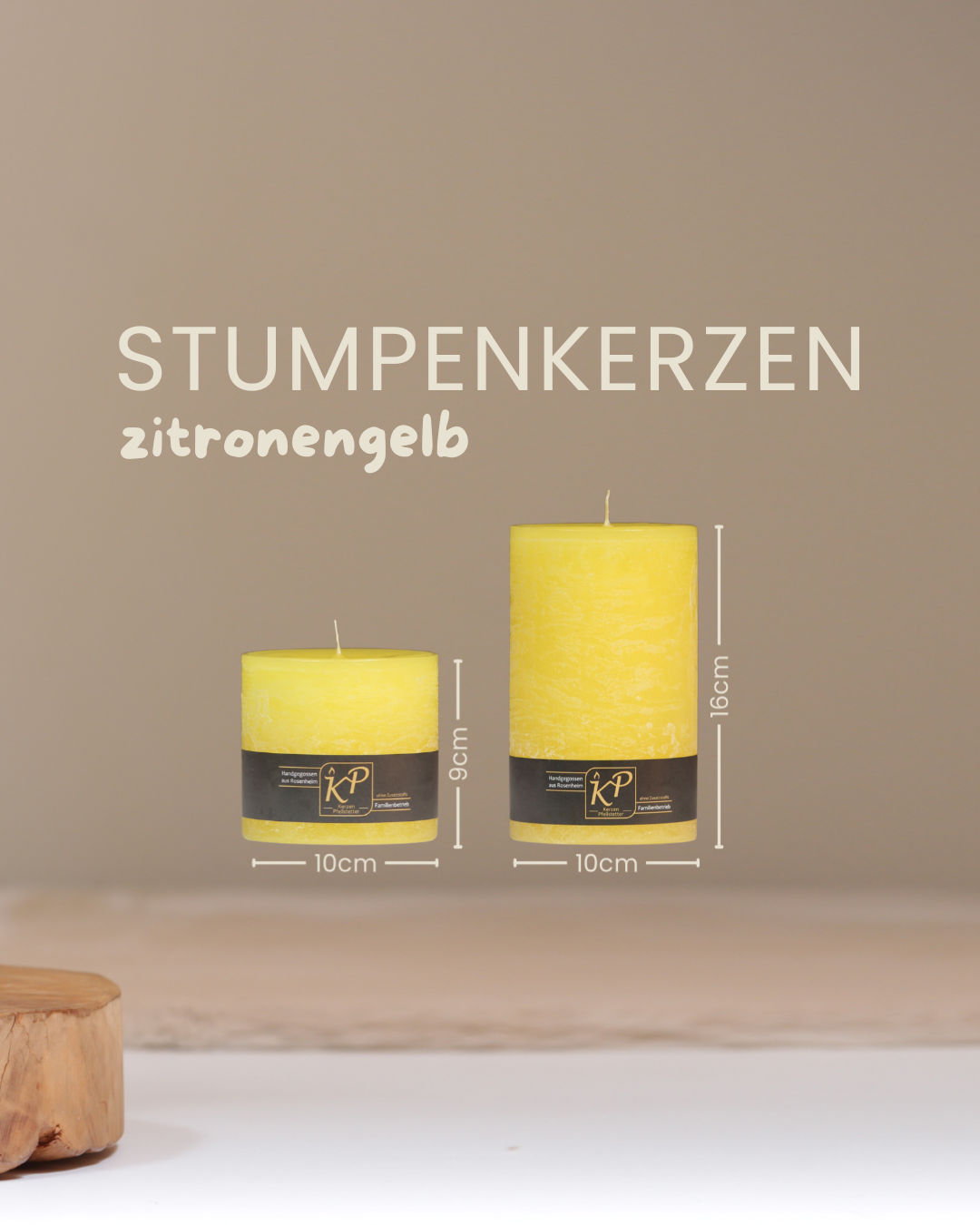 Stumpenkerzen in zitronengelb in zwei Größen mit Angaben zu Höhe und Durchmesser.