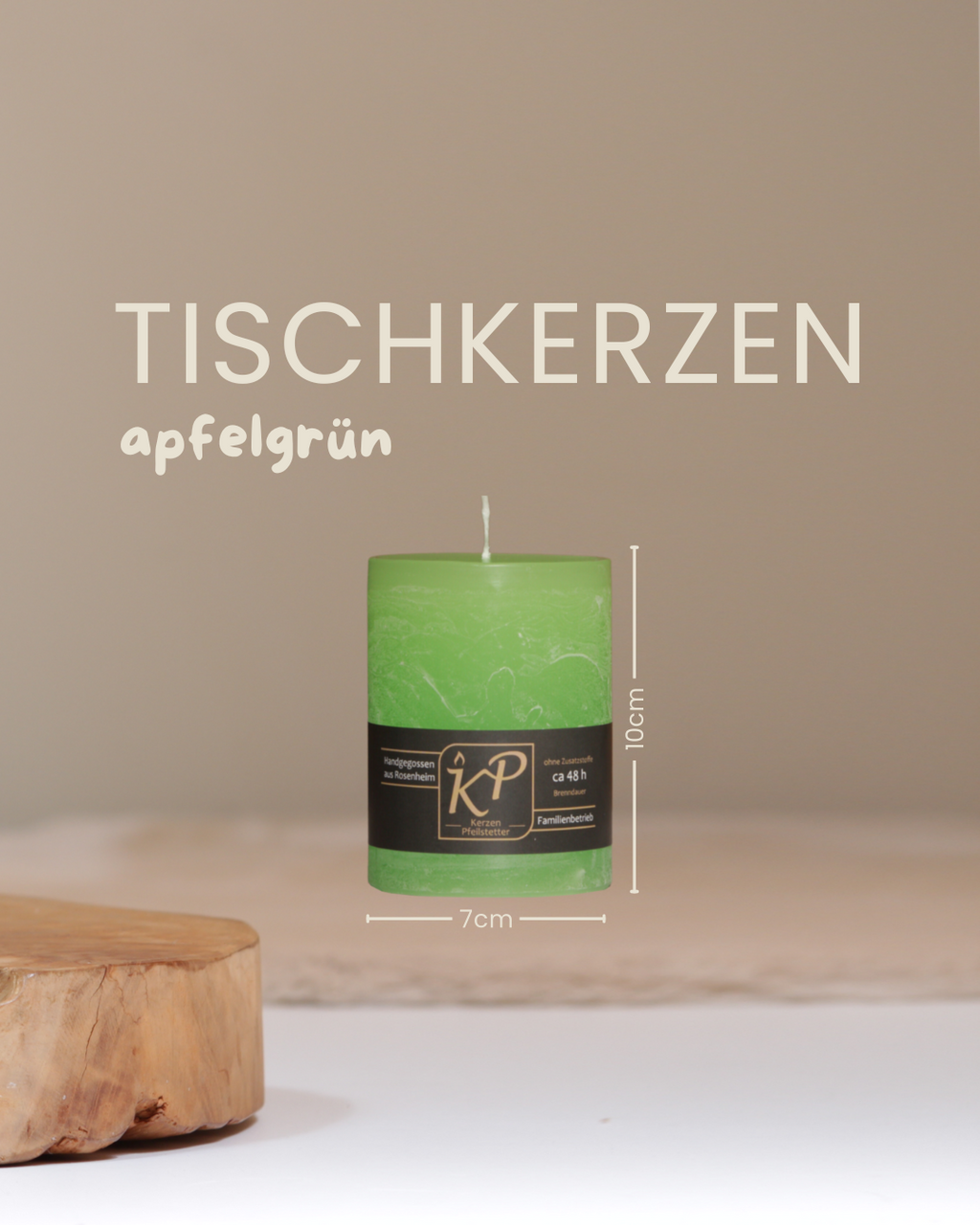 Tischkerze in apfelgrün mit Angaben zu Höhe und Durchmesser.