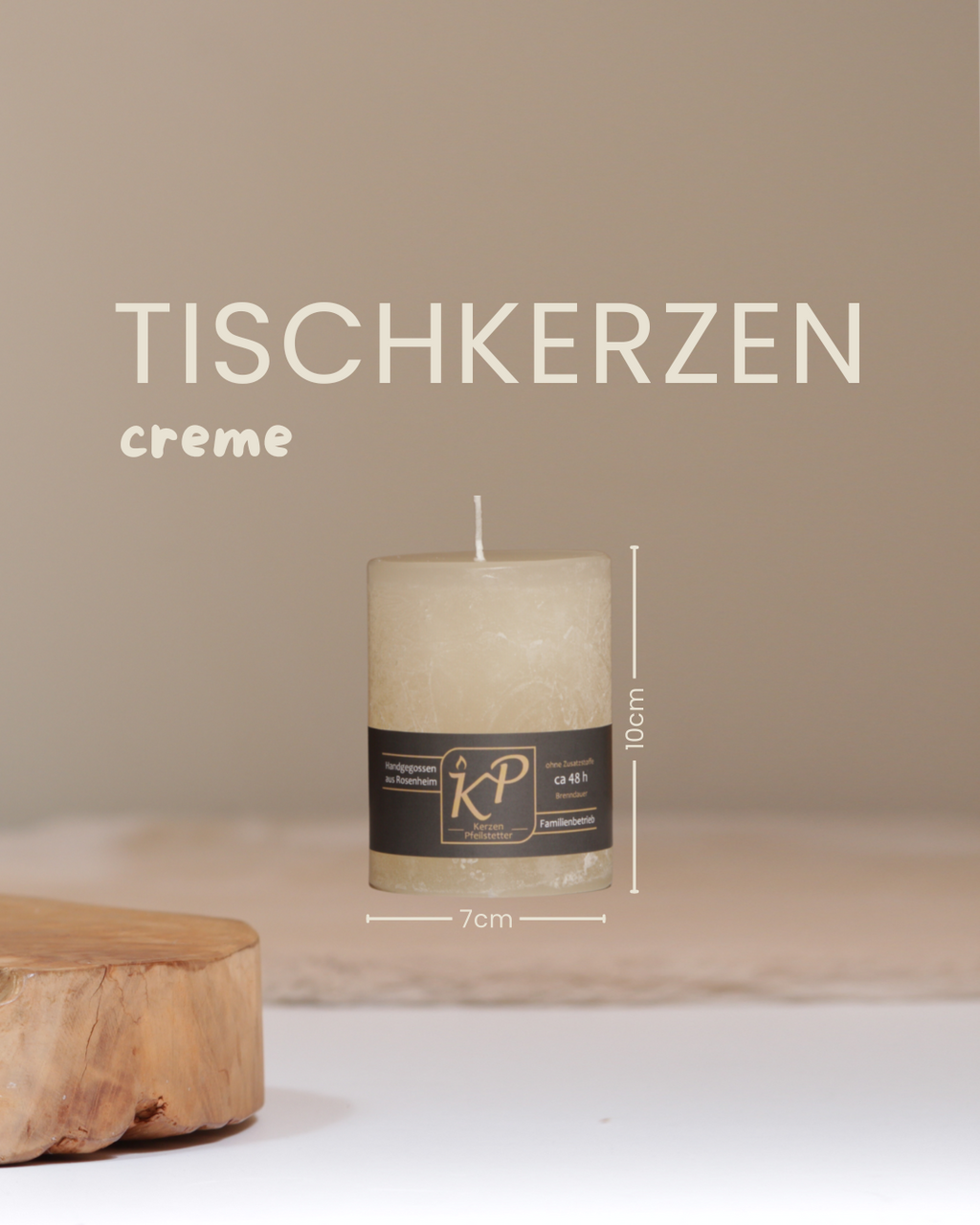 Tischkerze in creme mit Angaben zu Höhe und Durchmesser.