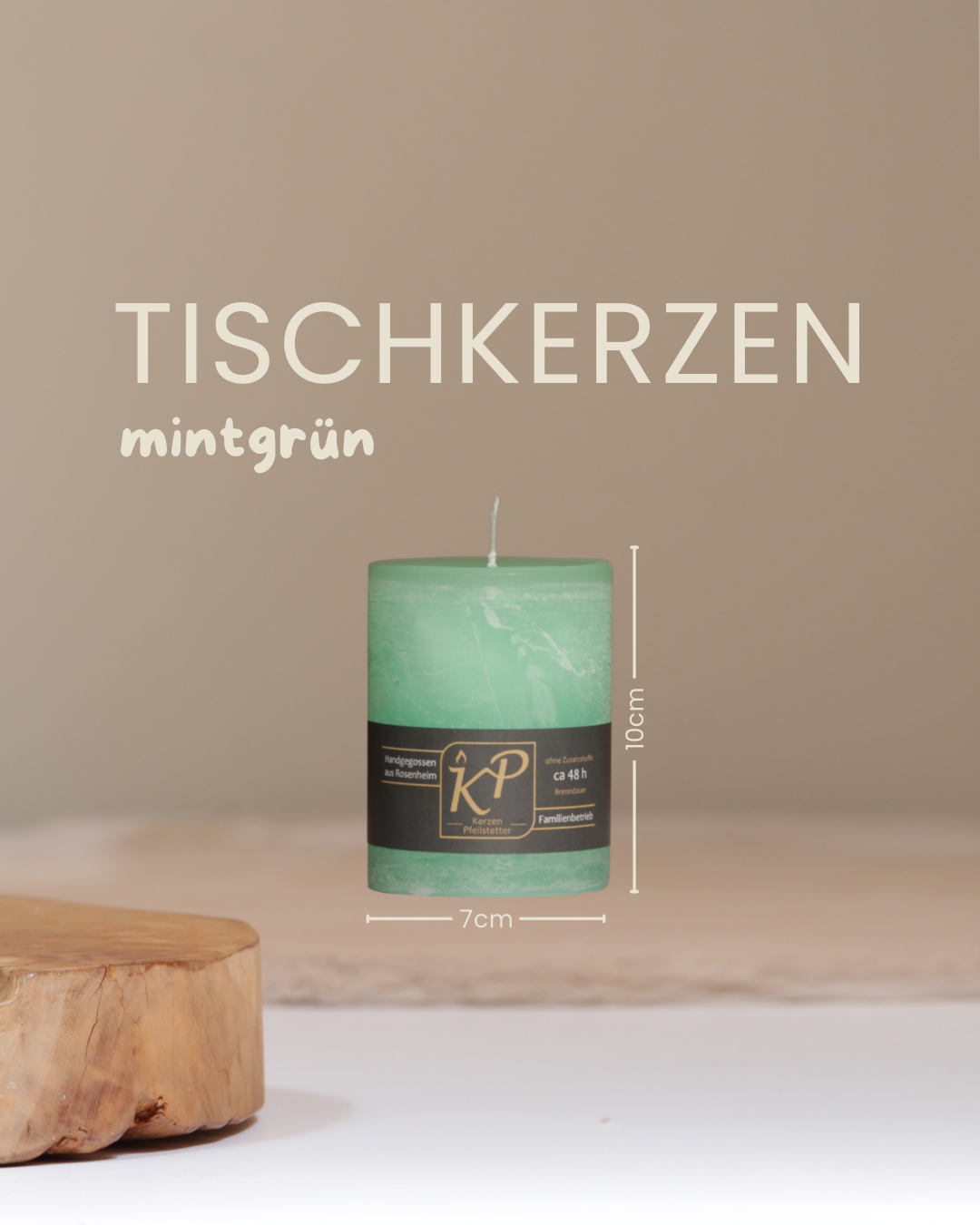 Tischkerze in mintgrün mit Angaben zu Höhe und Durchmesser.