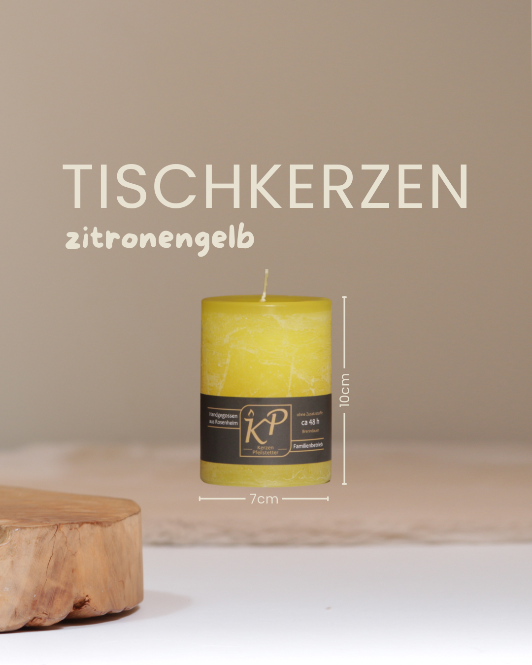 Tischkerze in zitronengelb mit Angaben zu Höhe und Durchmesser.