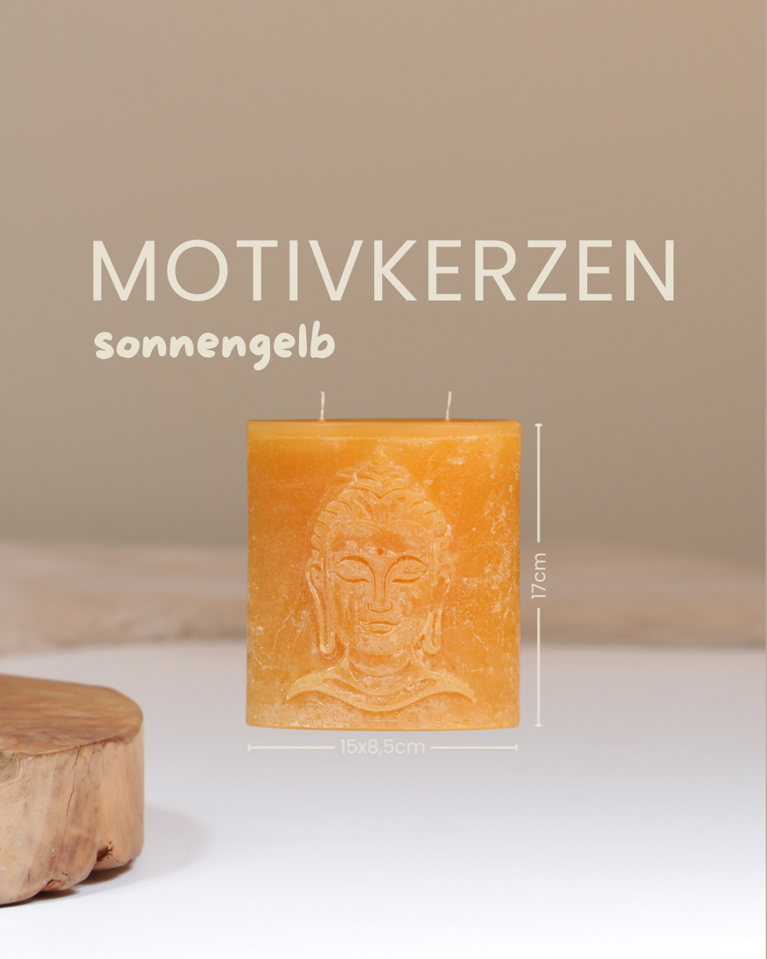 Zweidochtkerze mit Buddha-Motiv in sonnengelb mit Angaben zu Höhe und Durchmesser.