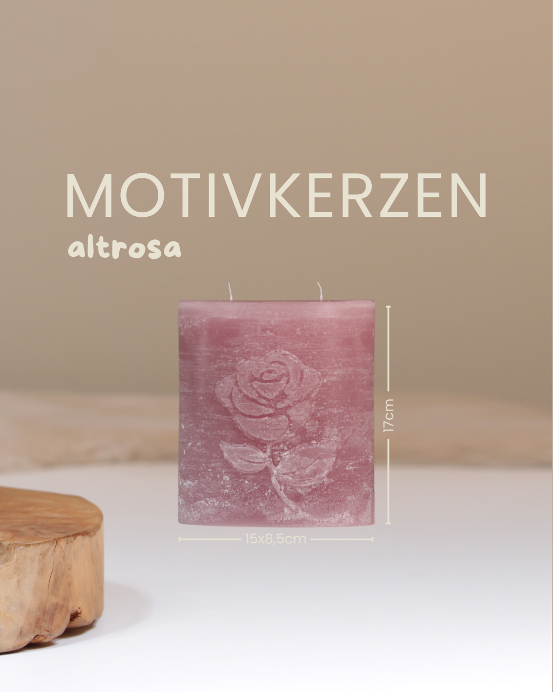 Zweidochtkerze mit Rose-Motiv in altrosa mit Angaben zu Höhe und Durchmesser.