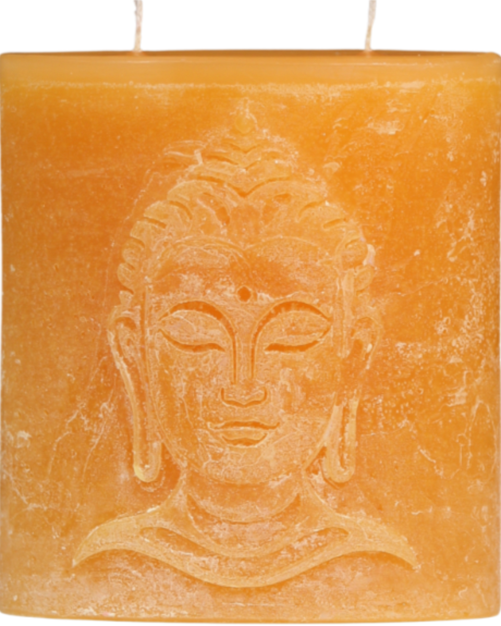 Zweidochtkerze mit Buddha-Motiv in sonnengelb.