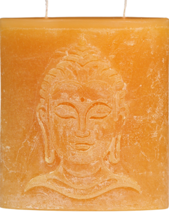 Zweidochtkerze mit Buddha-Motiv in sonnengelb.